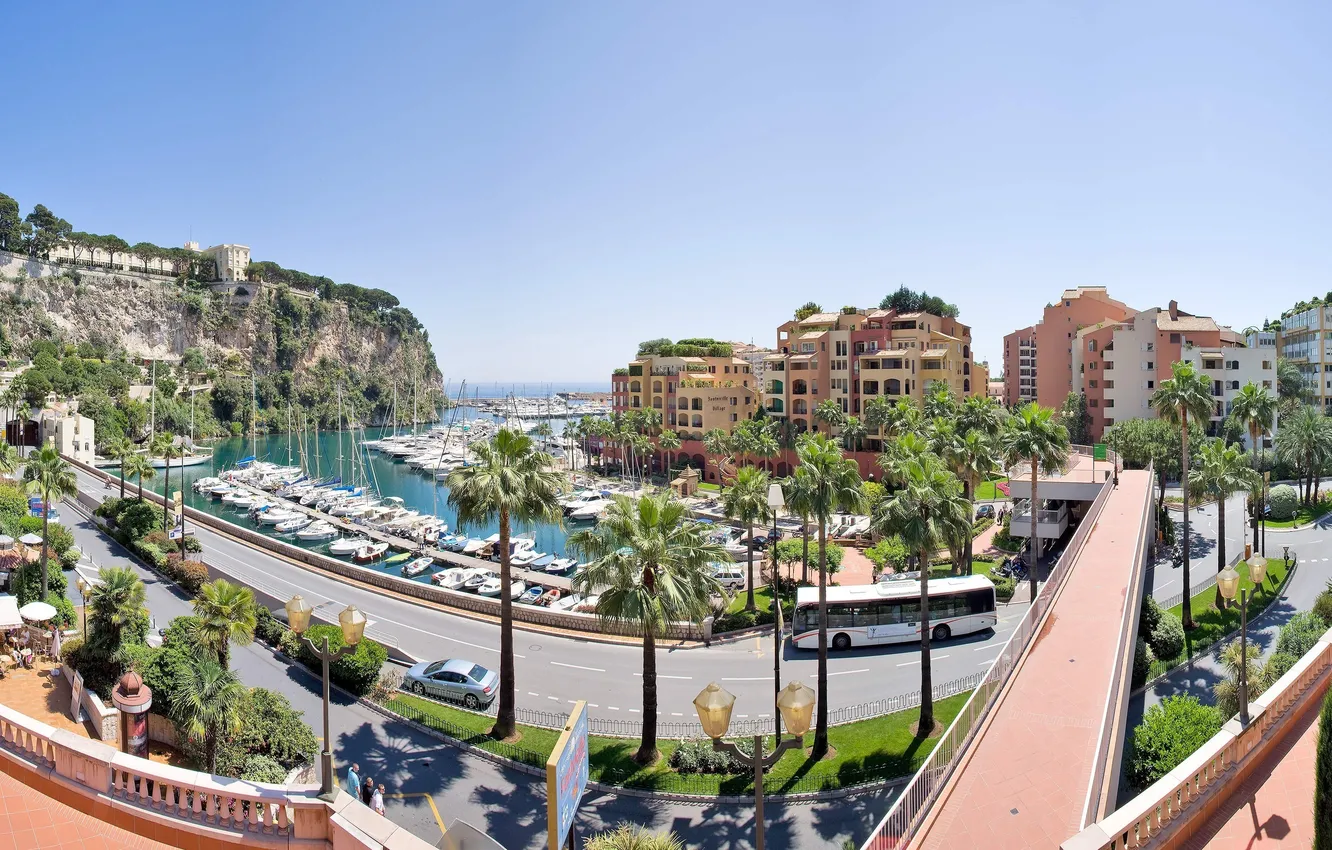 Фото обои дорога, пальмы, улица, пристань, яхты, автобус, Монако, Монте-Карло