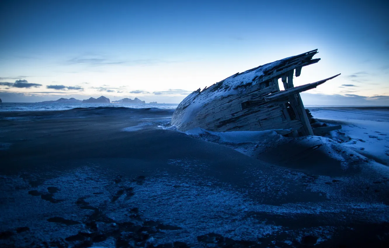 Фото обои море, пейзаж, берег, корабль, вечер