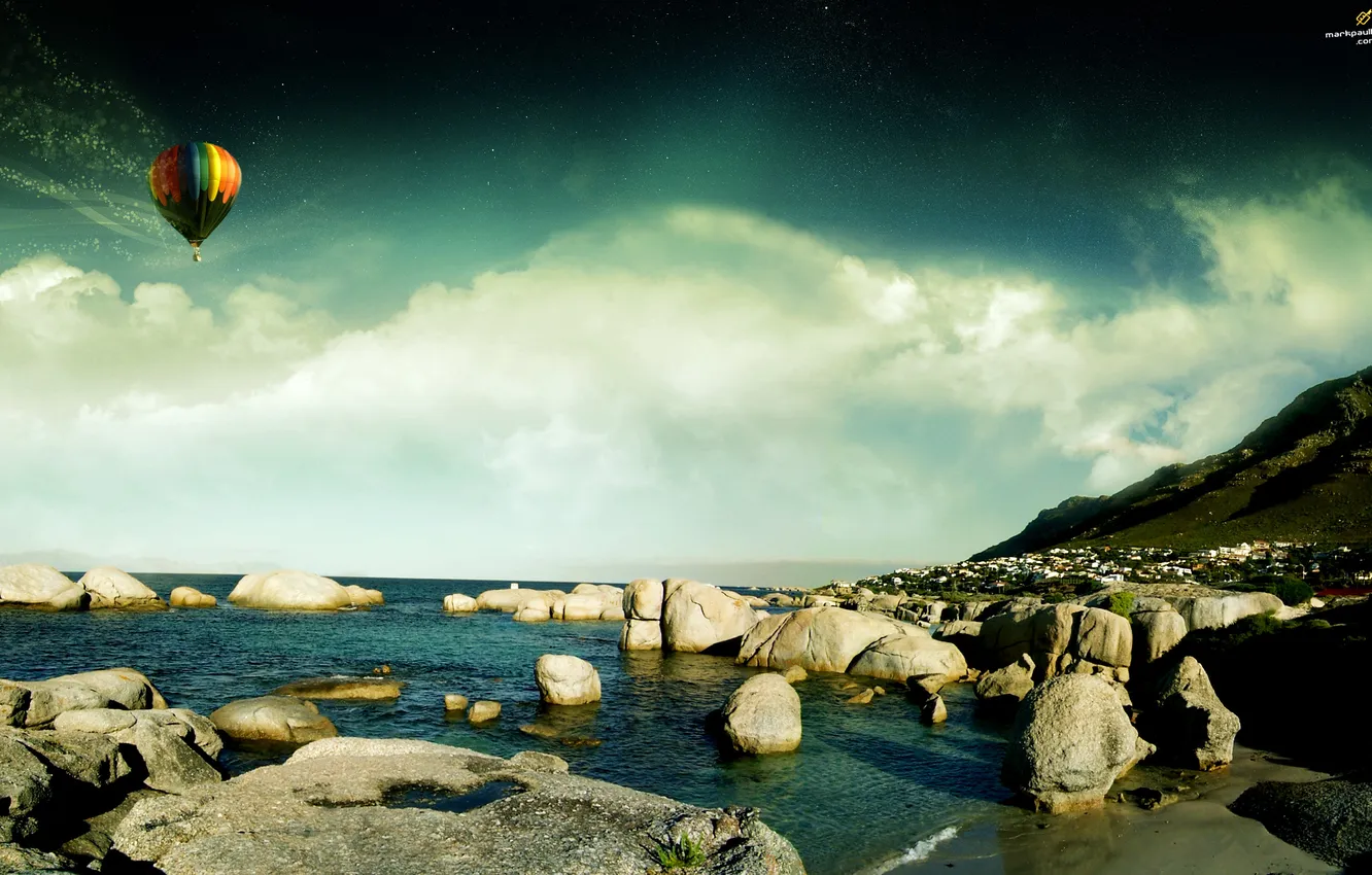 Фото обои вода, воздушный шар, камни, берег, Небо, красота