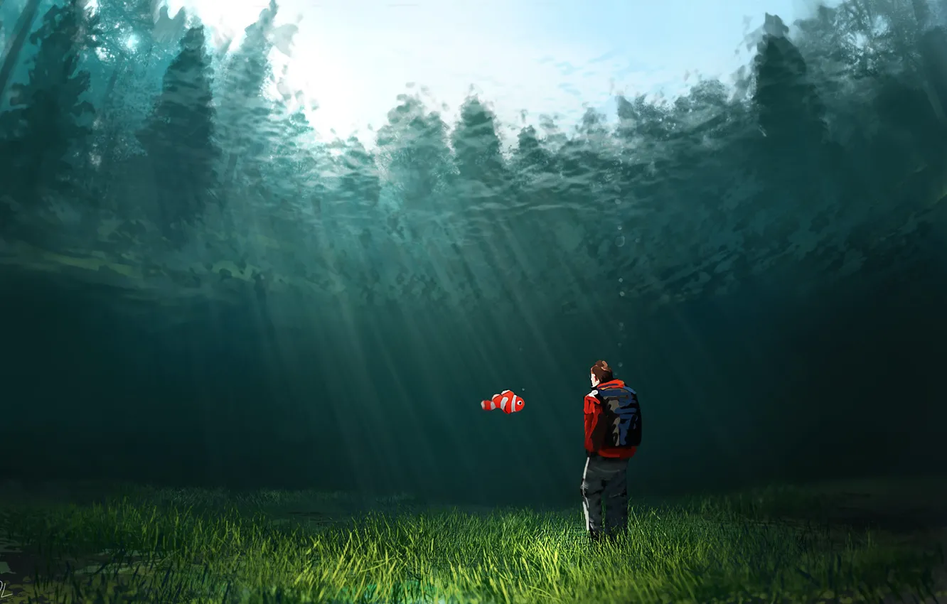 Фото обои Вода, Рисунок, Человек, Рыбка, Рыба, Свет, Denis Loebner, by Denis Loebner