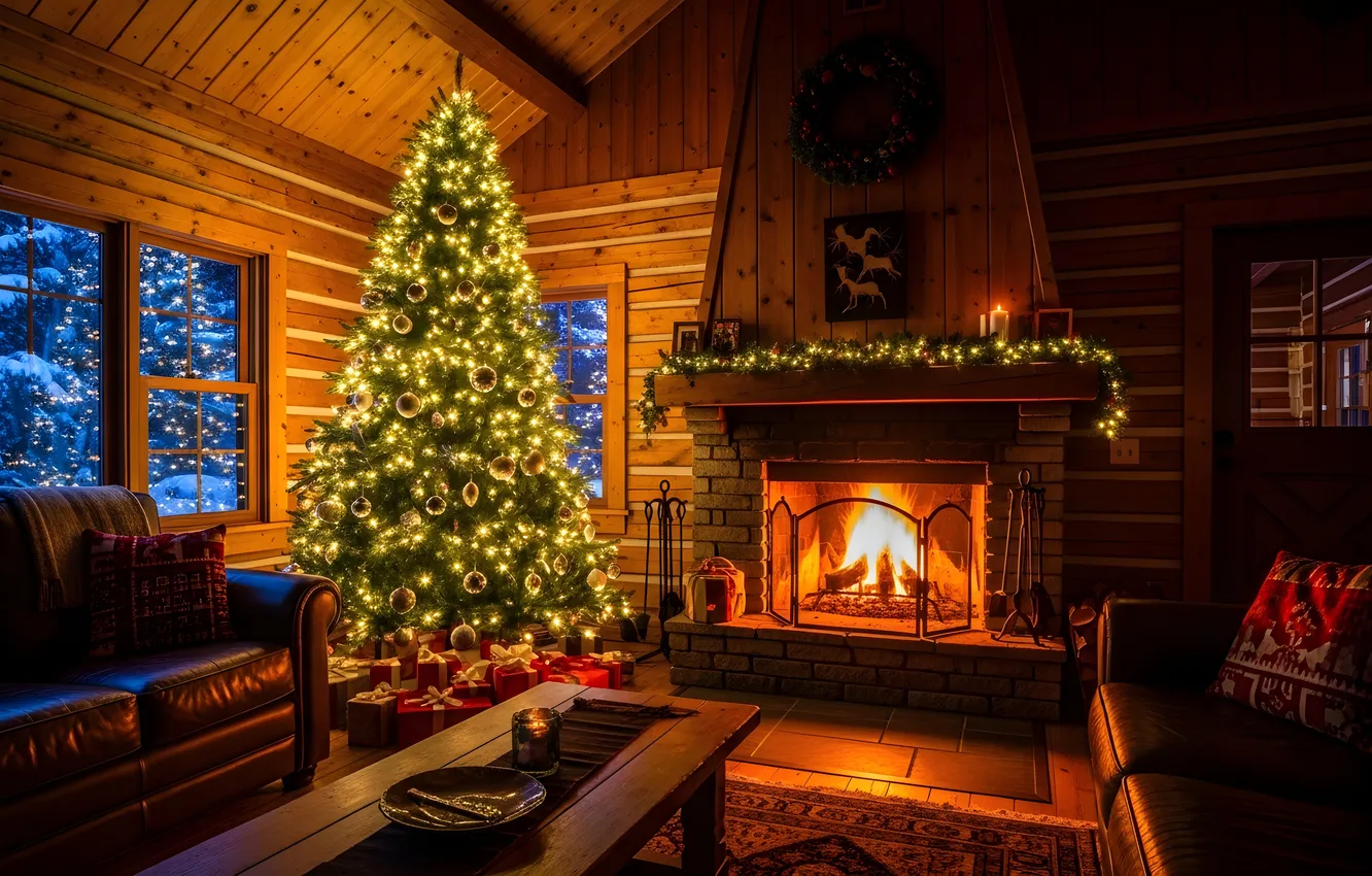 Фото обои комната, елка, интерьер, Рождество, камин, interior, decoration, fireplace