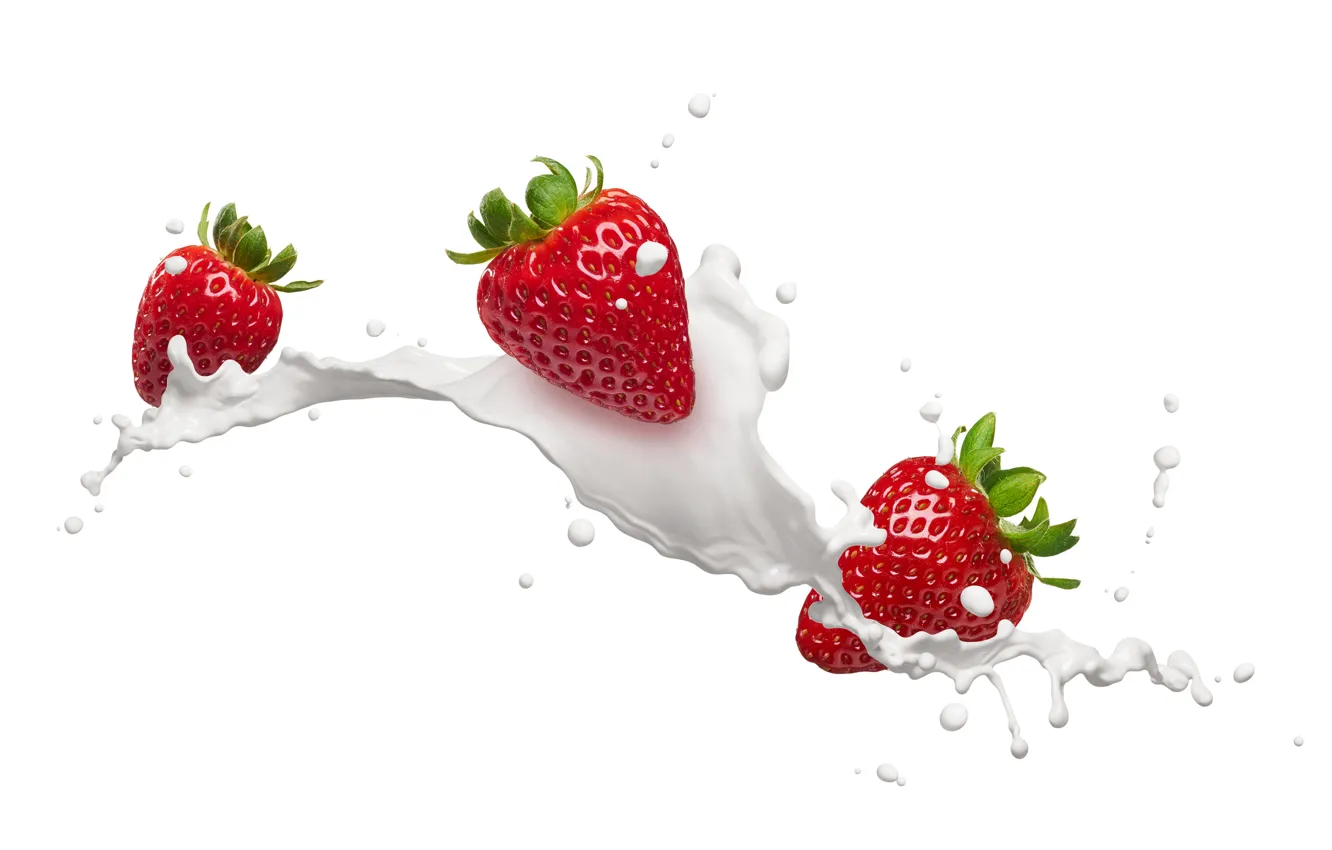Фото обои капли, брызги, молоко, клубника, ягода, белый фон, красная