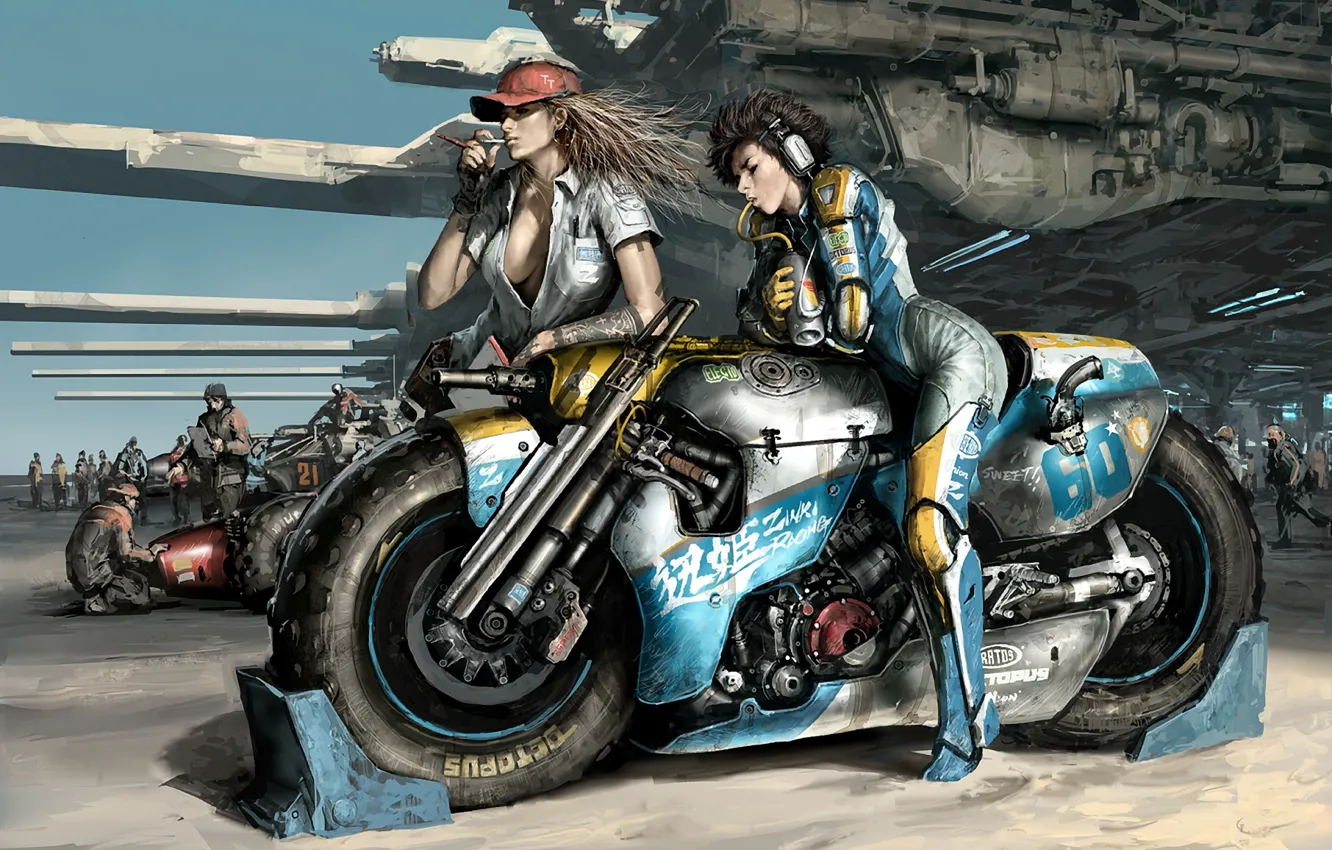 Фото обои оружие, девушки, гонка, мотоцикл, ожидание, Арт