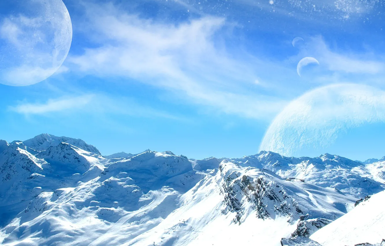 Фото обои холод, небо, снег, горы, луна, планеты