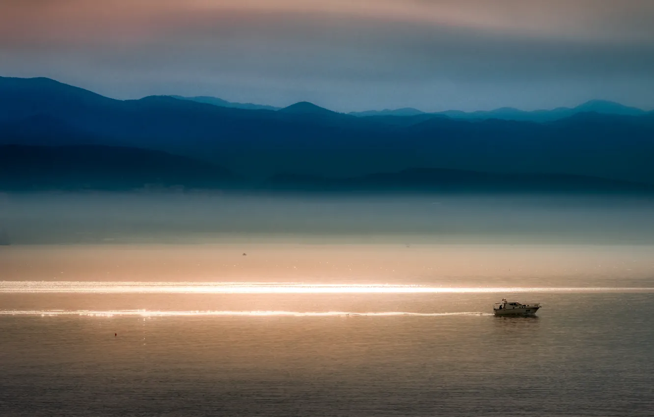 Фото обои sea, sunset, evening, yacht, bay, silhouette, Kvarner