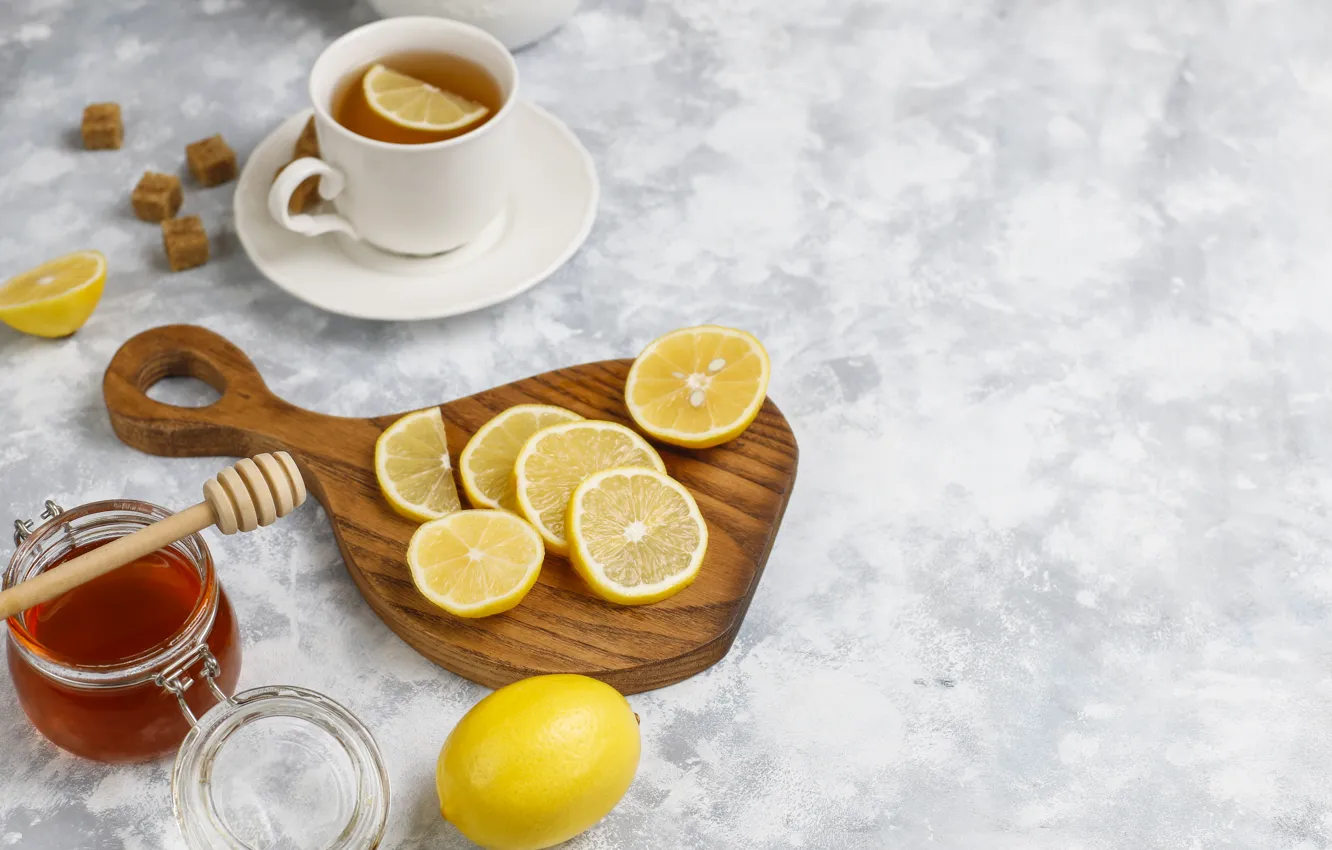 Фото обои лимон, чай, чашка, цитрус, мёд