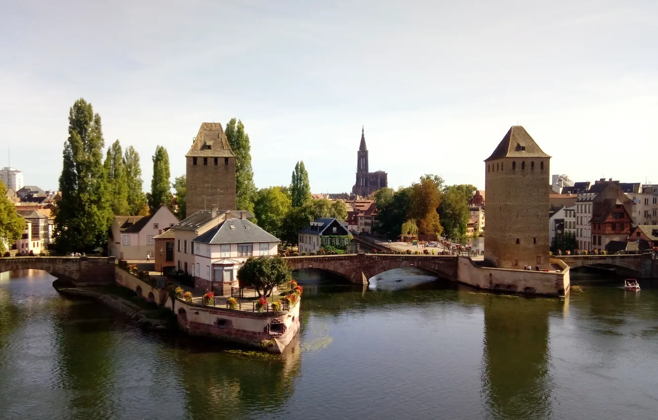 Фото обои мост, река, Франция, башня, дома, канал, Страсбург