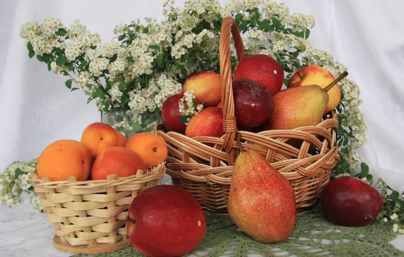 Фото обои цветы, стол, яблоки, фрукты, натюрморт, груши, скатерть, абрикосы