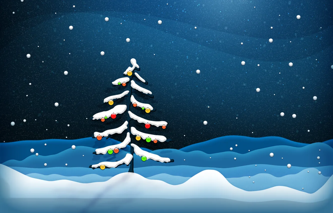 Фото обои снег, украшения, елка, новый год
