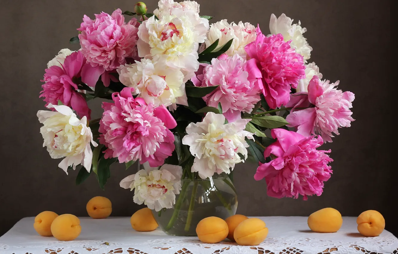 Фото обои букет, ваза, розовые, натюрморт, pink, fruit, пионы, still life