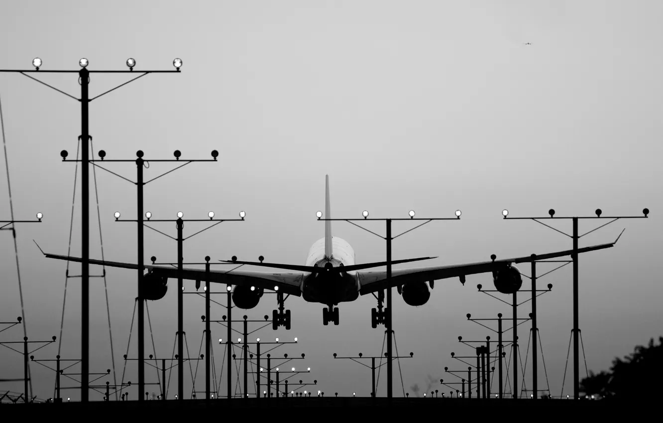 Фото обои lights, aircraft, plane, landing, black and white, aviation, b/w, A340
