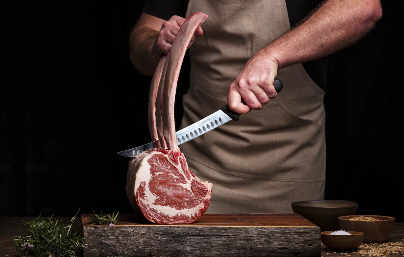 Фото обои Нож, Руки, Butcher, Мясник, Стейк, Steak, Raaw Meat, Сырое мясо