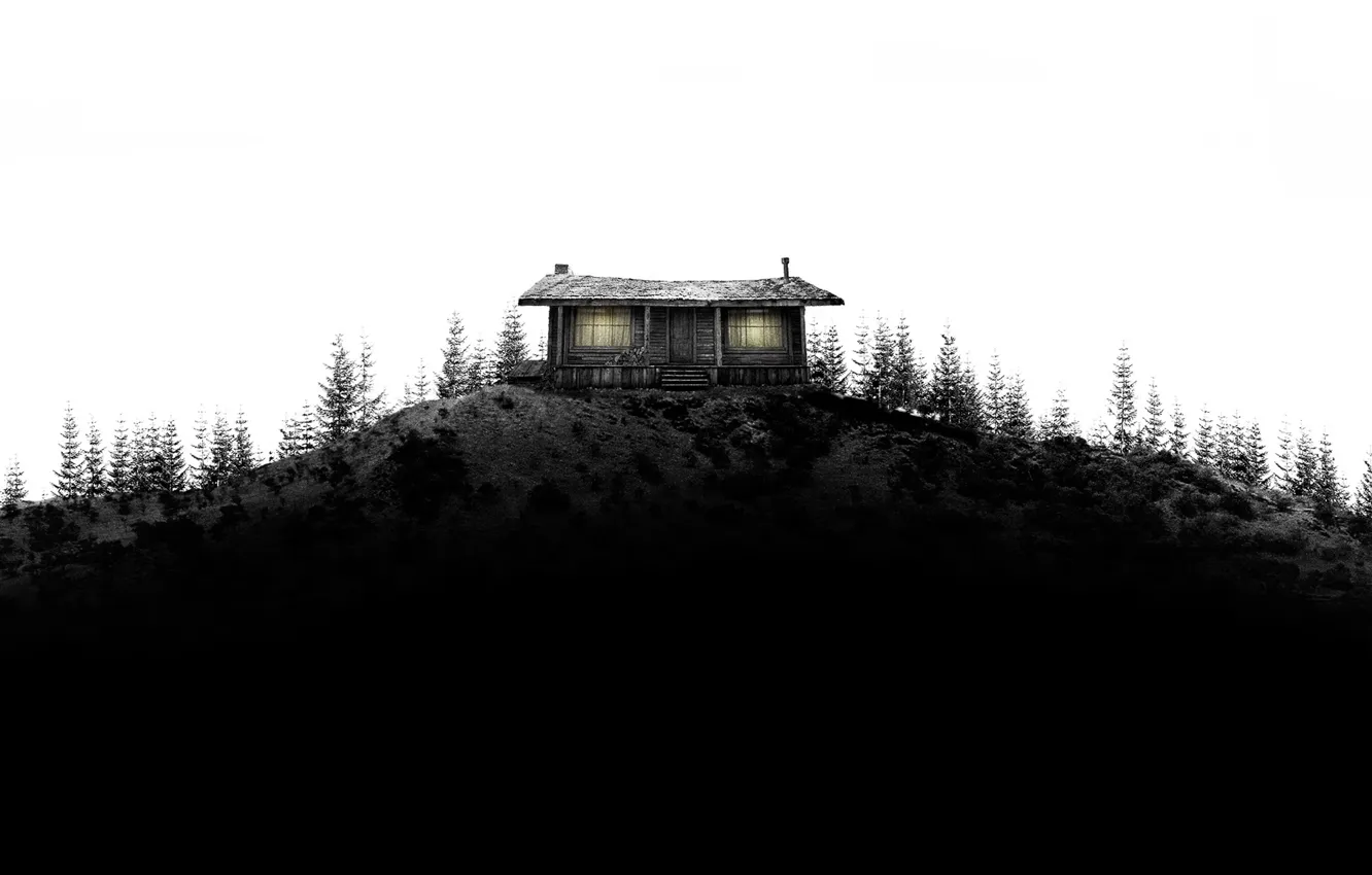 Фото обои лес, деревья, дом, черно-белый, холм, домик, хижина, в лесу