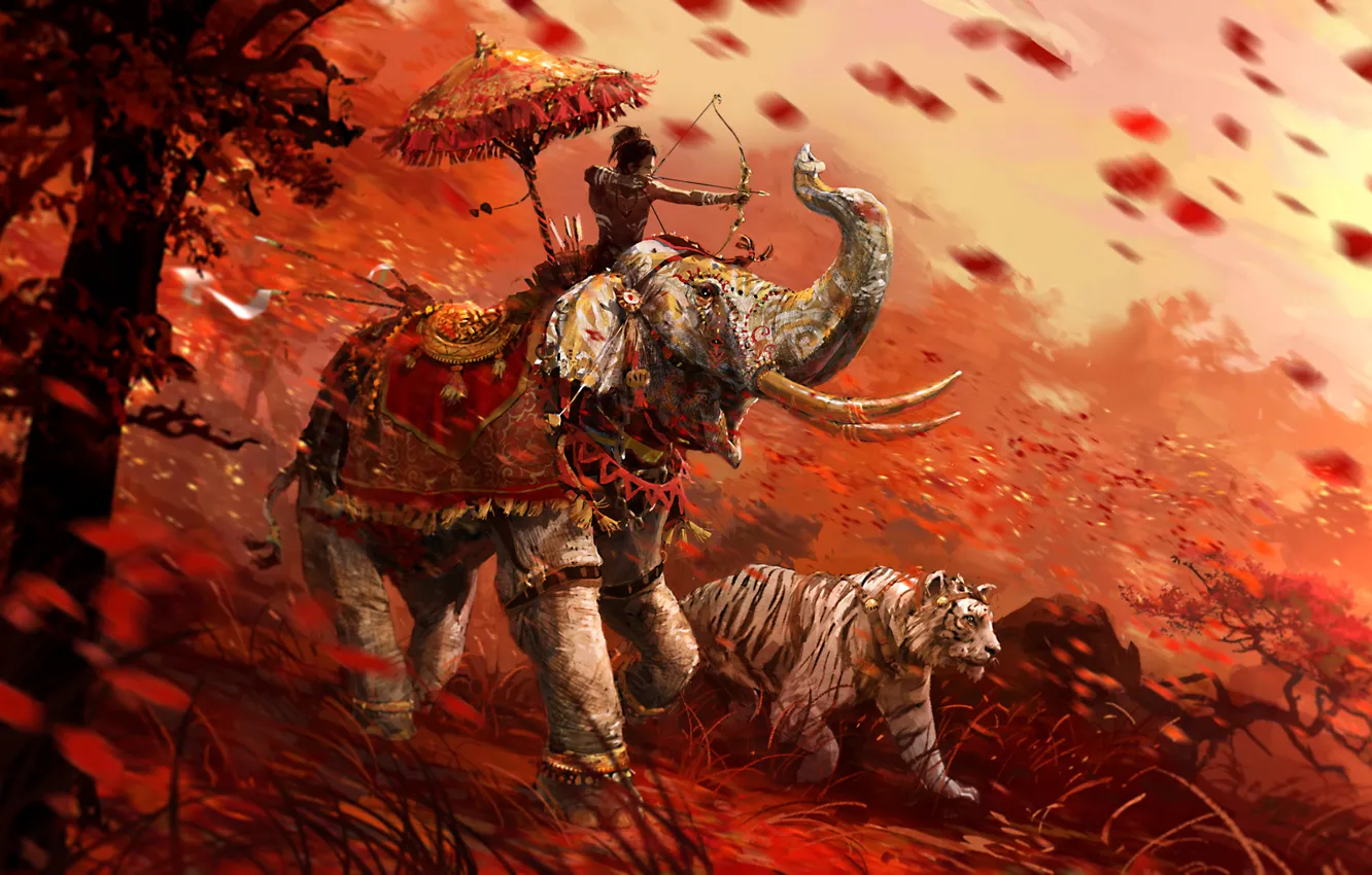 Фото обои трава, тигр, слон, воин, лучник, Far Cry 4, кират