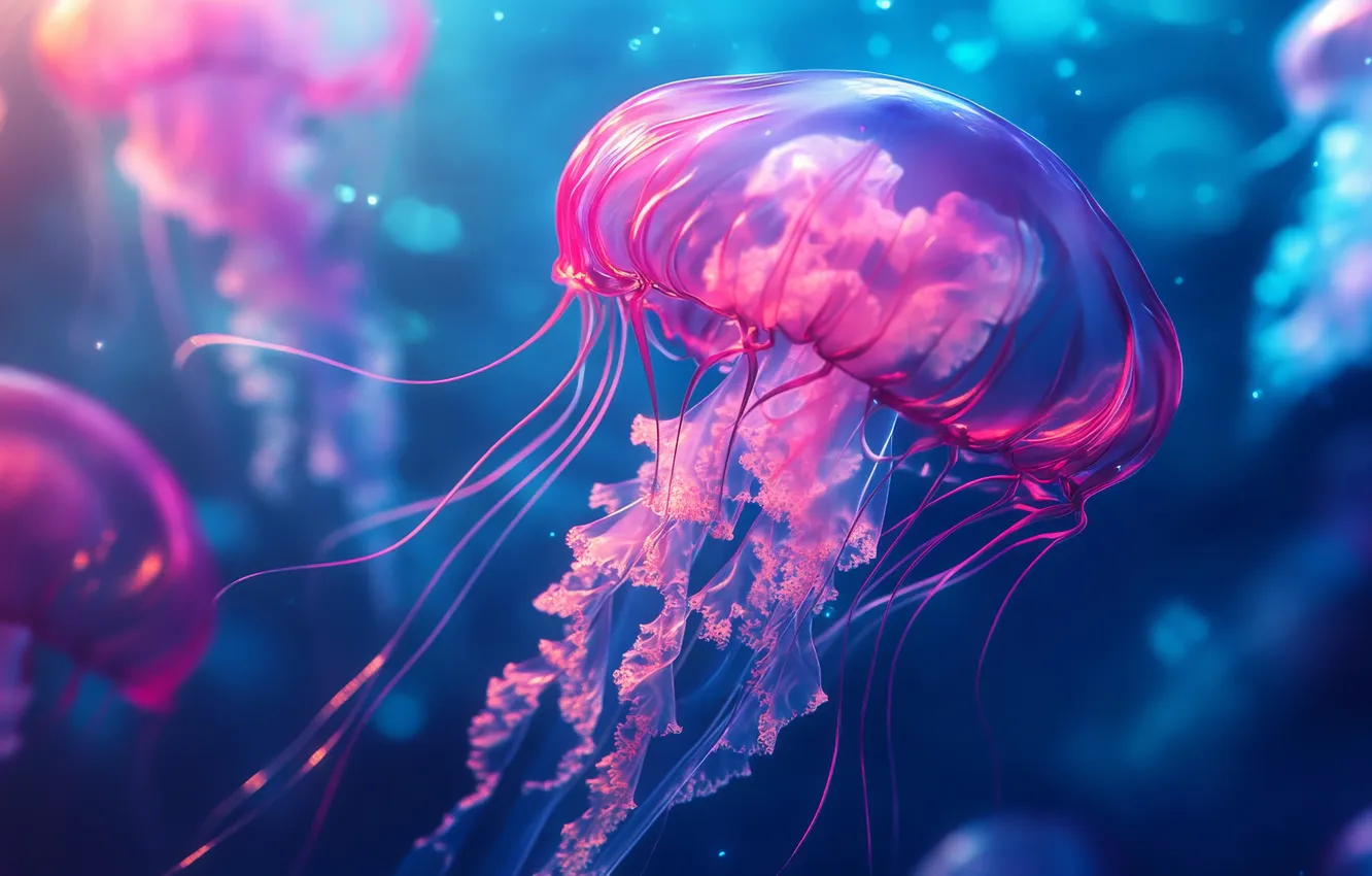 Фото обои океан, медуза, свечение, colorful, красочно, jellyfish, glowing, pink and blue