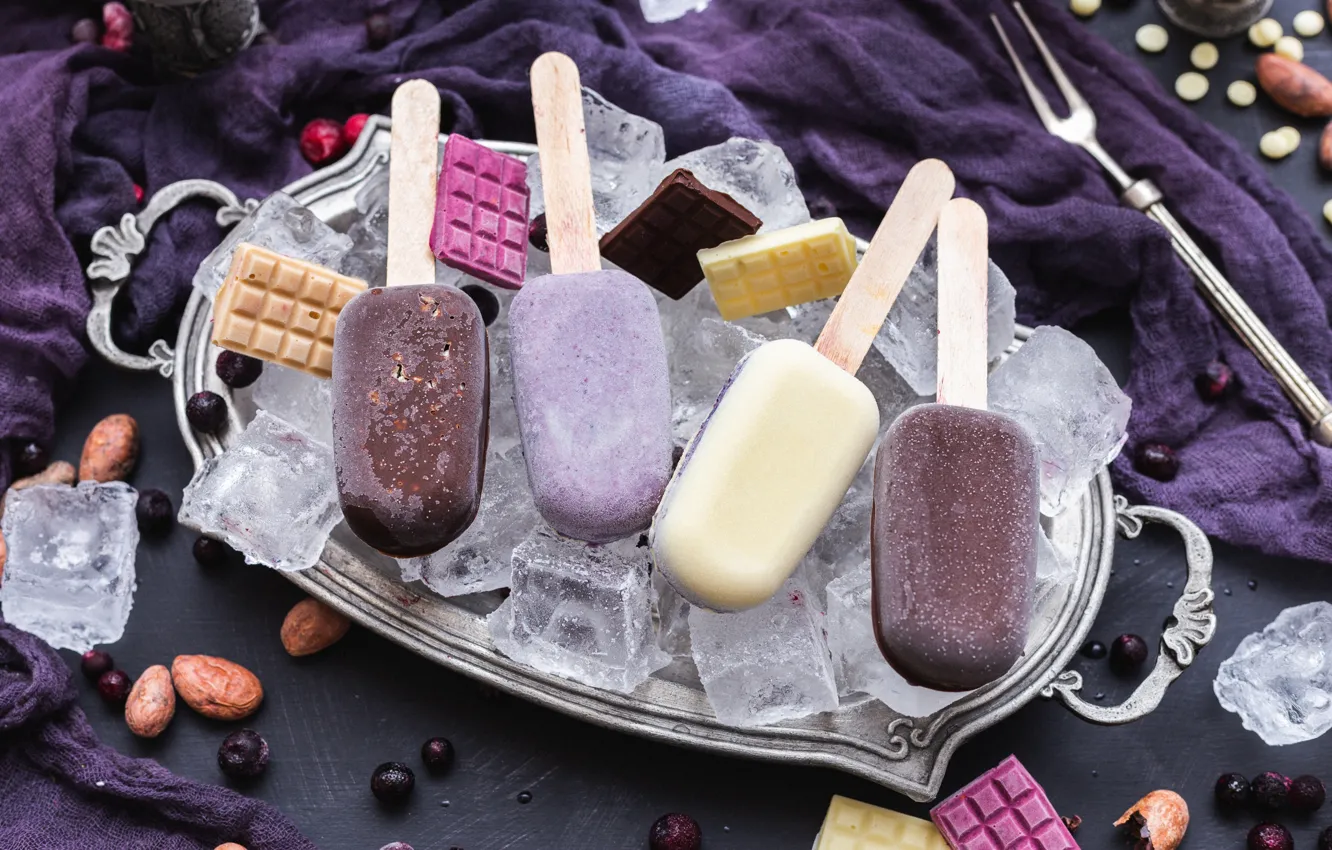 Фото обои шоколад, мороженое, эскимо, поднос, кубики льда