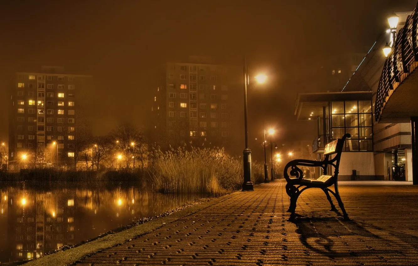 Фото обои осень, скамейка, ночной пейзаж