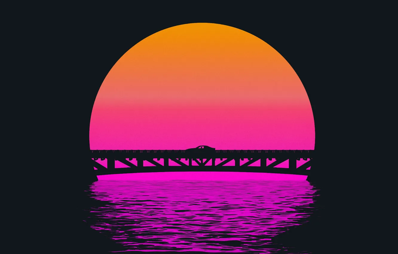 Фото обои Закат, Солнце, Мост, Музыка, Силуэт, Фон, 80s, Neon