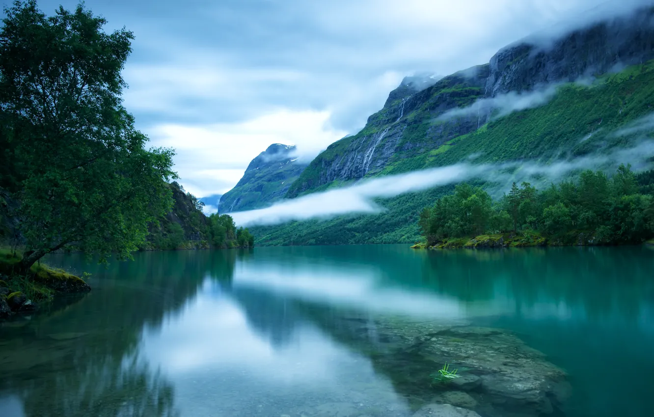 Фото обои небо, облака, деревья, туман, гладь, камни, дно, Скандинавские горы