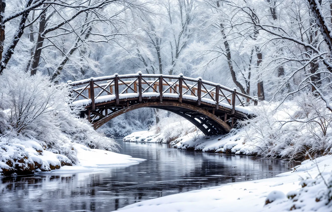 Фото обои зима, снег, мост, парк, река, елки, nature, bridge
