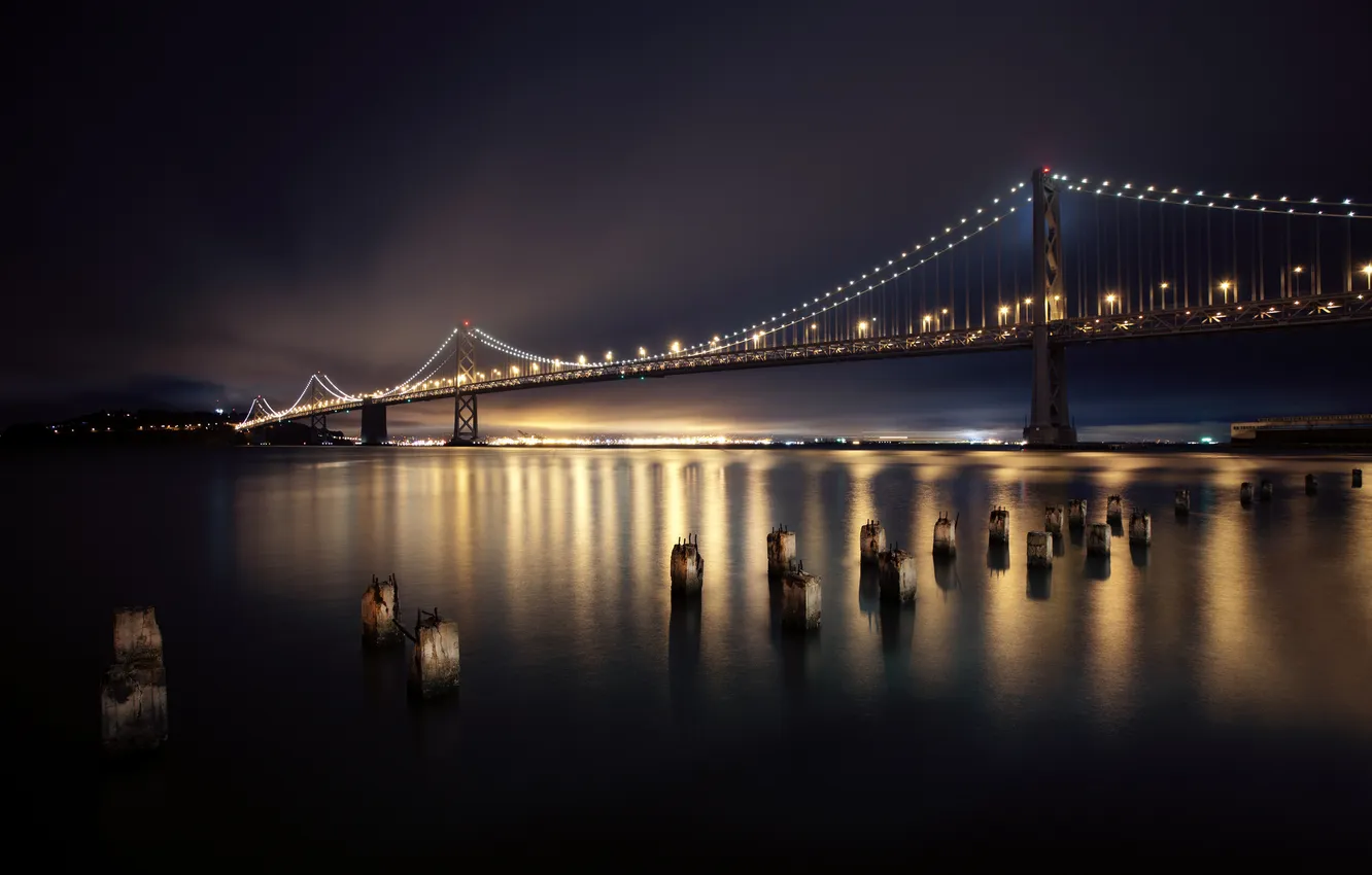 Фото обои ночь, мост, город, огни, река, San Francisco