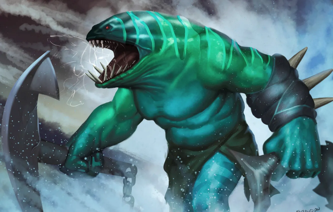 Фото обои брызги, монстр, рыба, зубы, арт, Dota 2, якорь, Leviathan