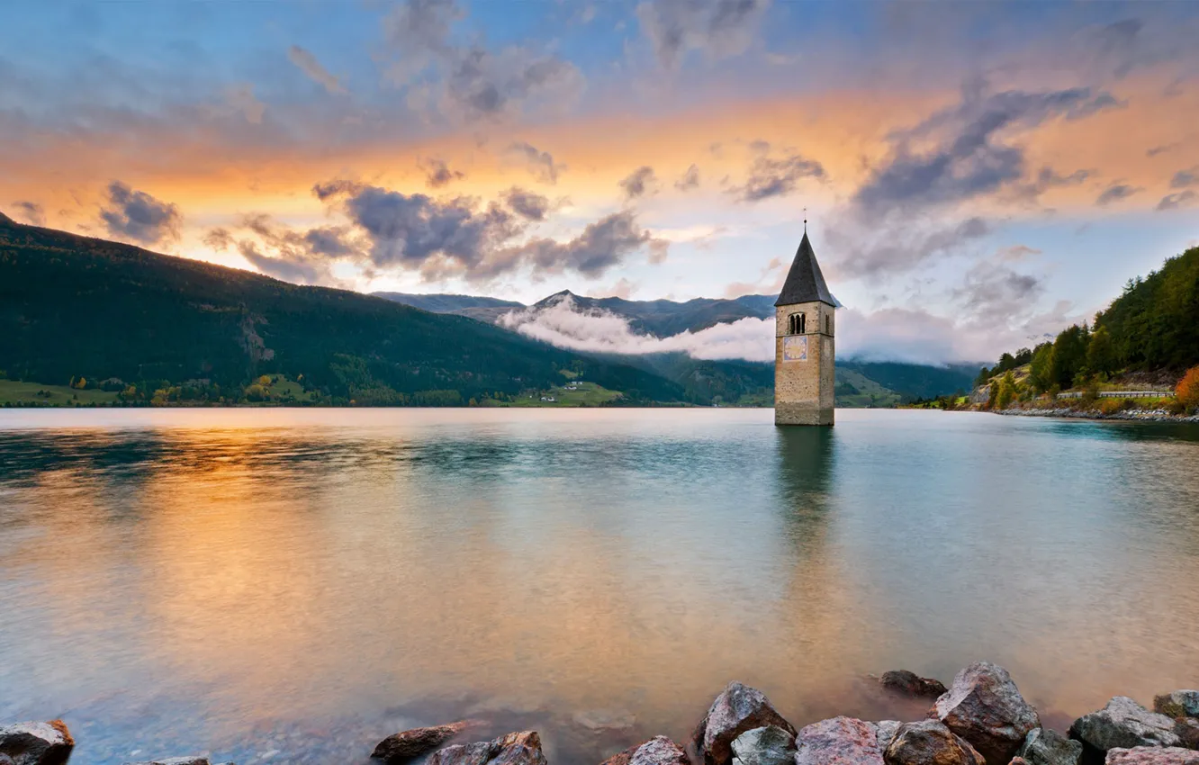 Фото обои озеро, башня, Италия, колокольня, Южный Тироль, Reschensee