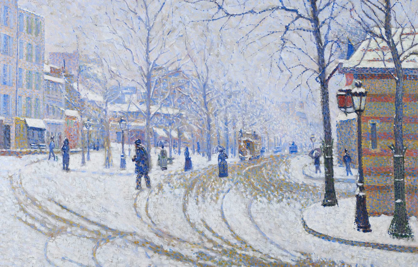 Фото обои зима, картина, городской пейзаж, Поль Синьяк, Снег. Бульвар Клиши. Париж