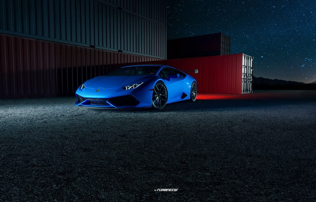 Фото обои Авто, Ночь, Синий, Lamborghini, Машина, Рендеринг, Контейнера, Huracan
