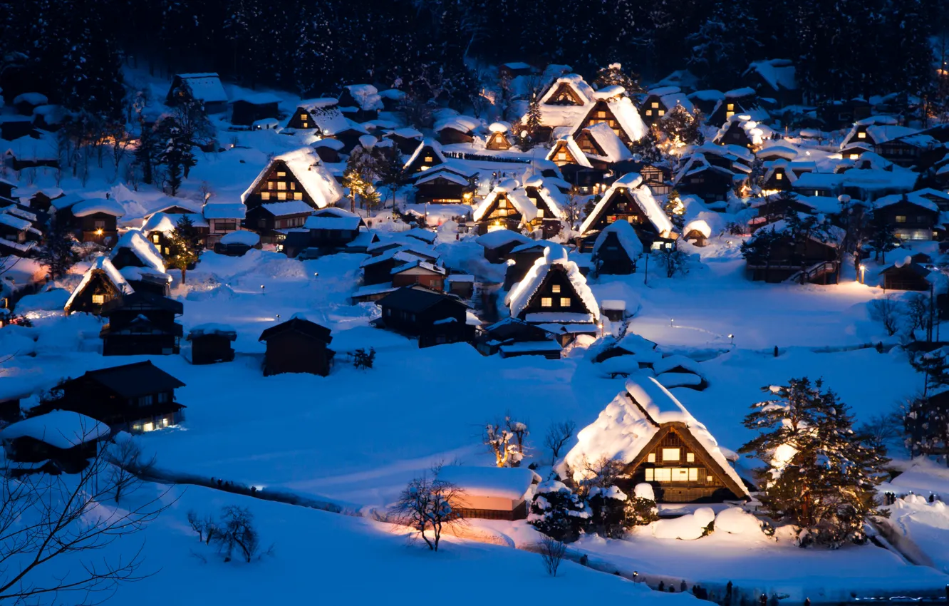 Фото обои зима, снег, пейзаж, ночь, природа, дома