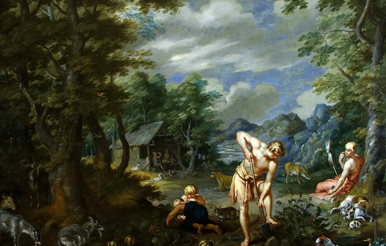 Фото обои картина, мифология, Ян Брейгель младший, Адам за Работой в Поле