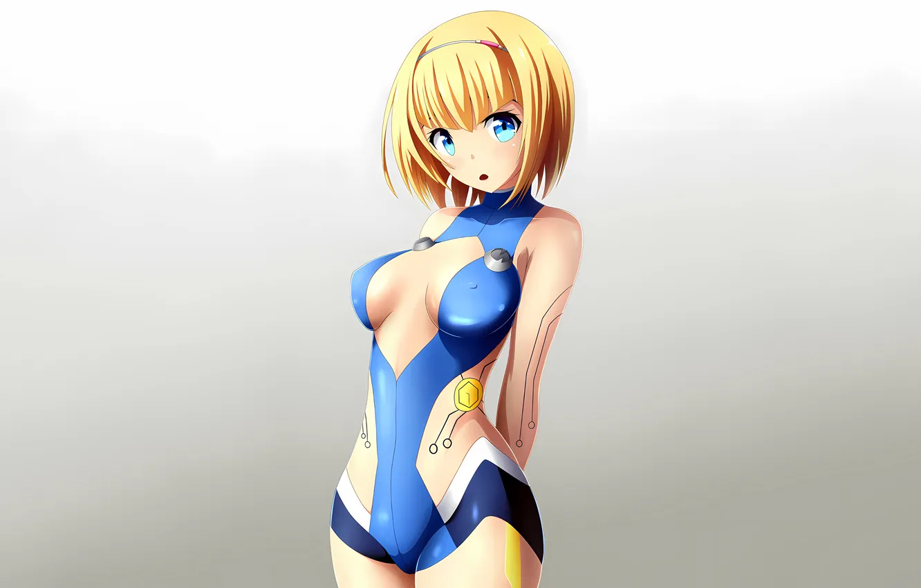 Фото обои girl, sexy, cleavage, boobs, anime, blue eyes, beautiful, short hair