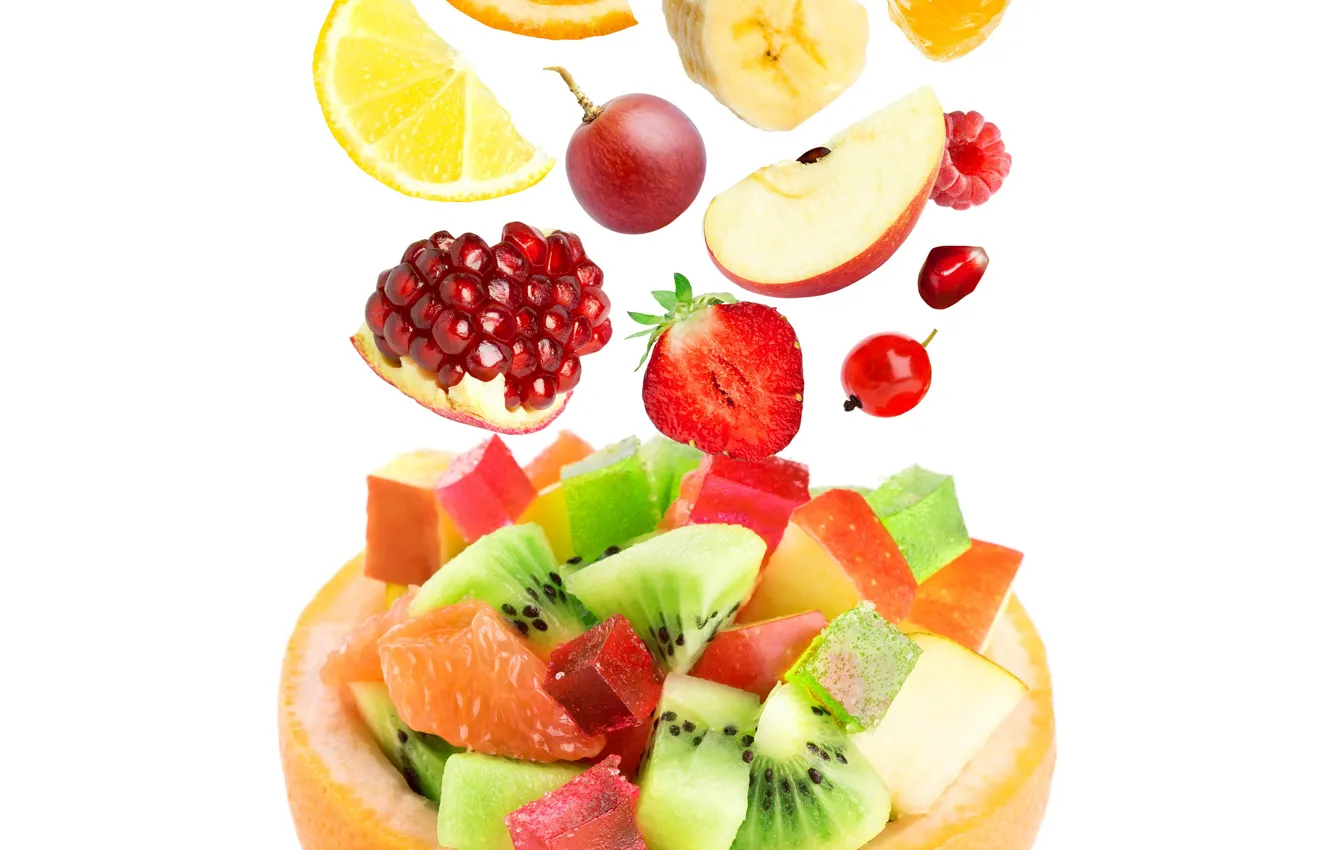 Фото обои apple, яблоко, апельсин, киви, клубника, виноград, фрукты, банан