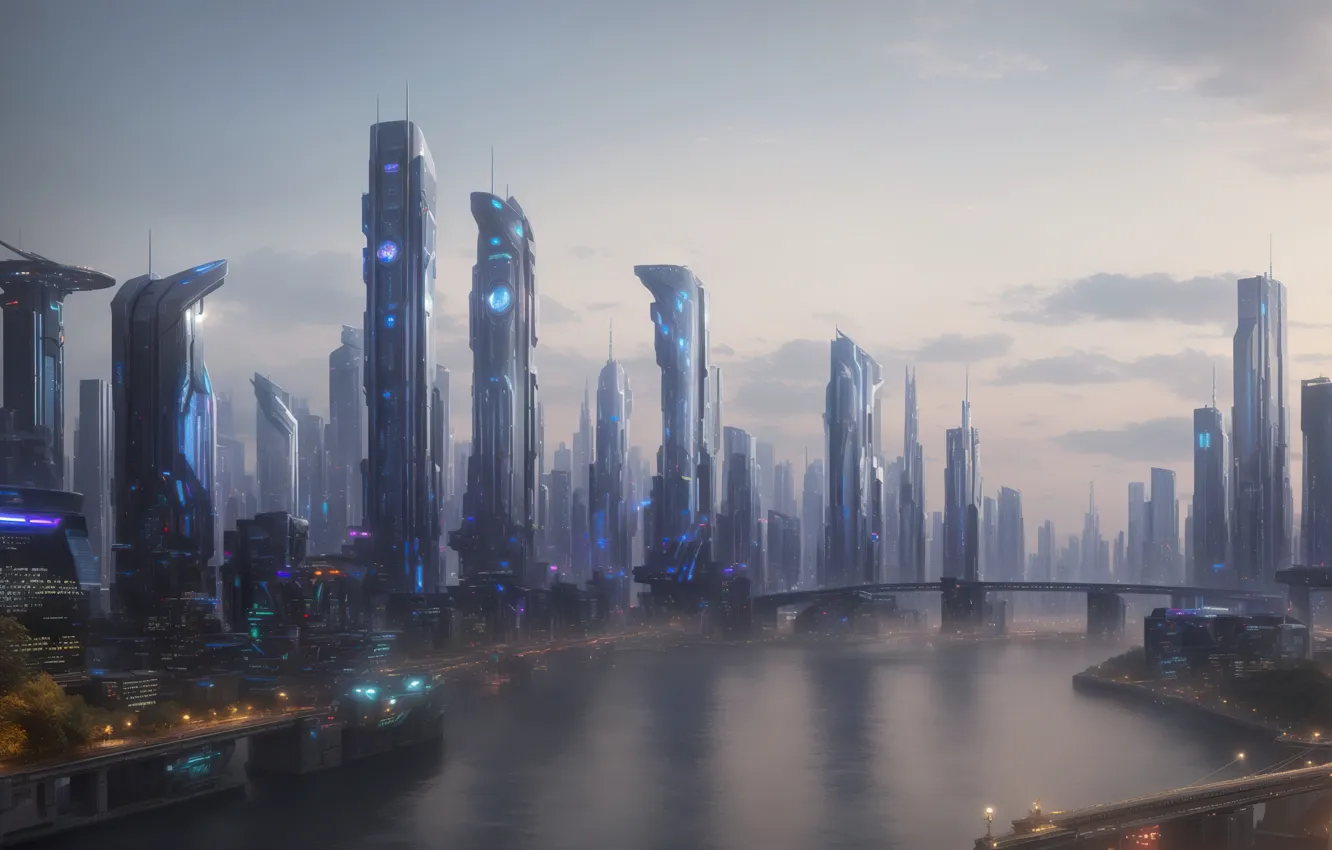 Фото обои city, future, river, landscape, art, fantastic, digital art, Futuristic