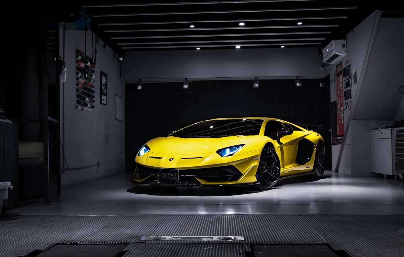 Фото обои Lamborghini, Night, Yellow, Aventador, VAG