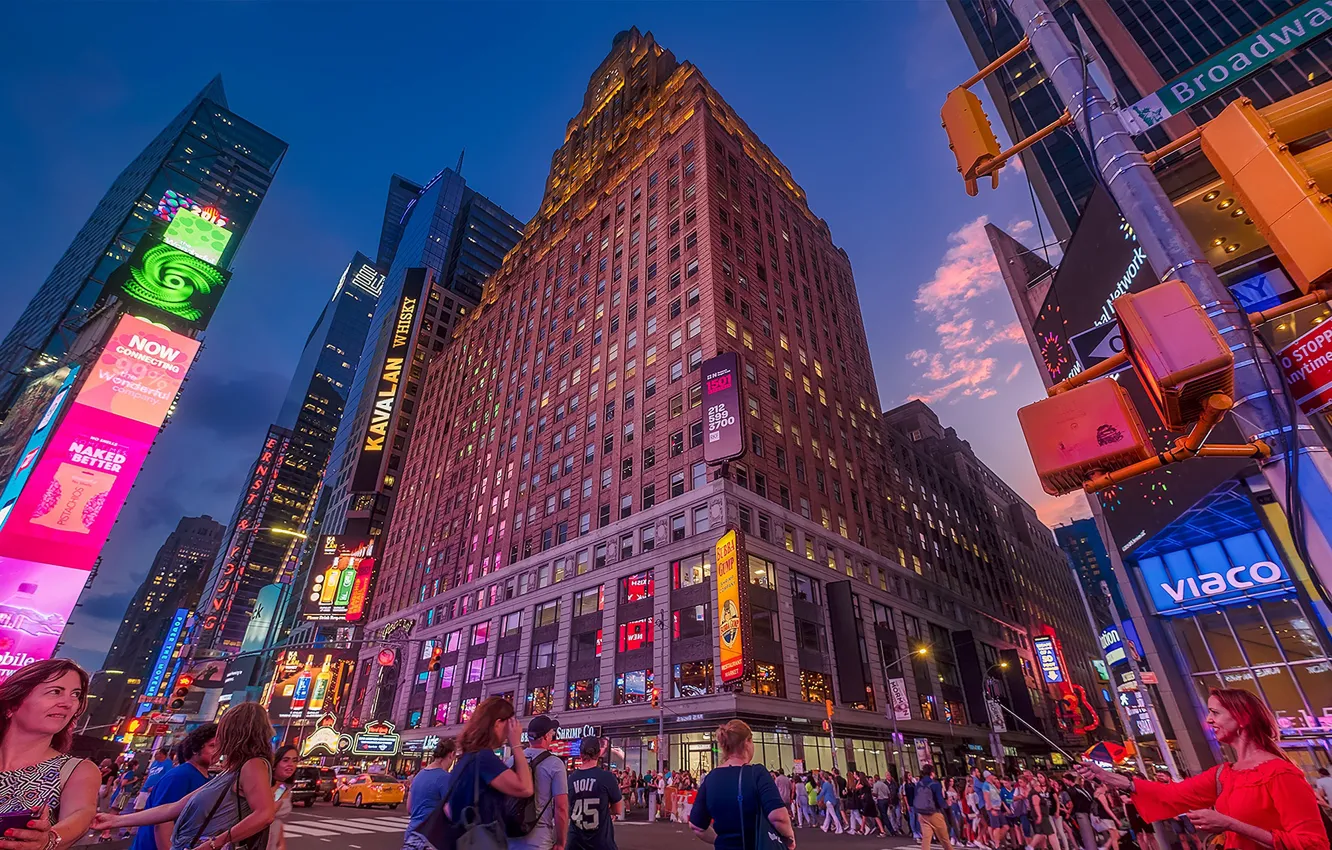 Фото обои дома, Нью-Йорк, огни, США, перекресток