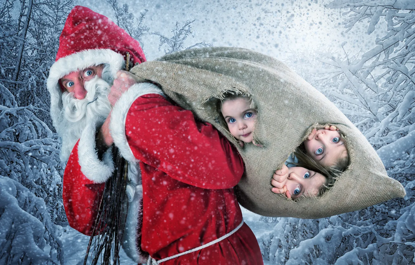 Фото обои Снег, Новый Год, Дети, Рождество, Девочки, Дед Мороз, Санта-Клаус