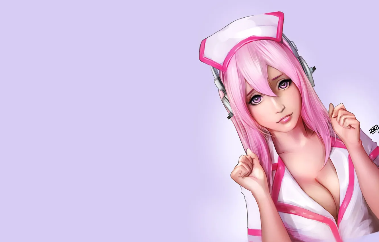 Фото обои girl, cleavage, pink hair, minimalism, breast, anime, headphones, purple eyes