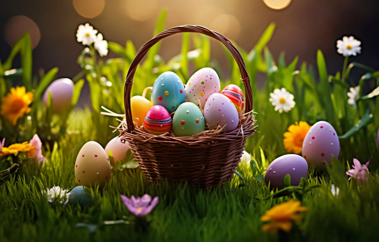 Фото обои цветы, корзина, поляна, яйца, весна, colorful, Пасха, happy