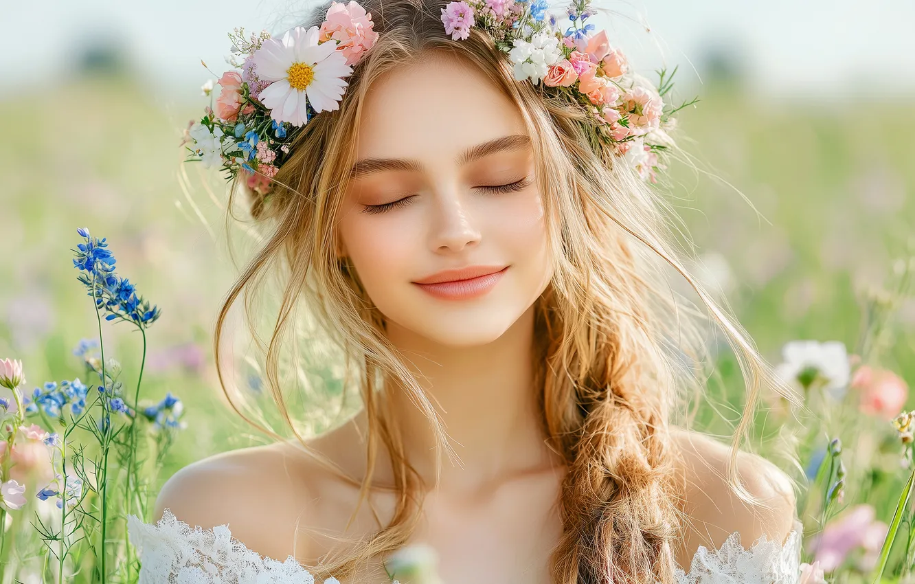Фото обои поле, лето, взгляд, девушка, мечты, цветы, природа, поза