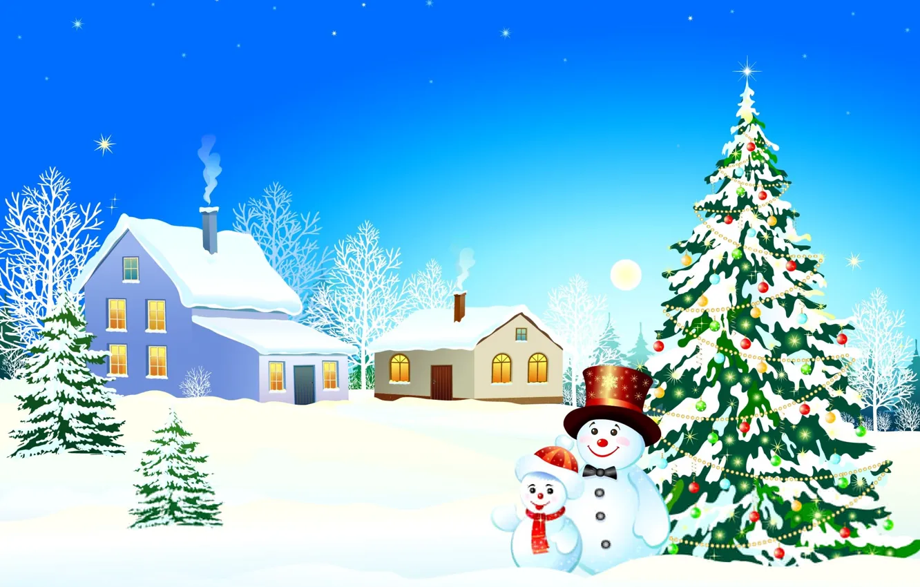 Фото обои зима, снег, окна, дома, звёзды, сугробы, снеговик, ёлка