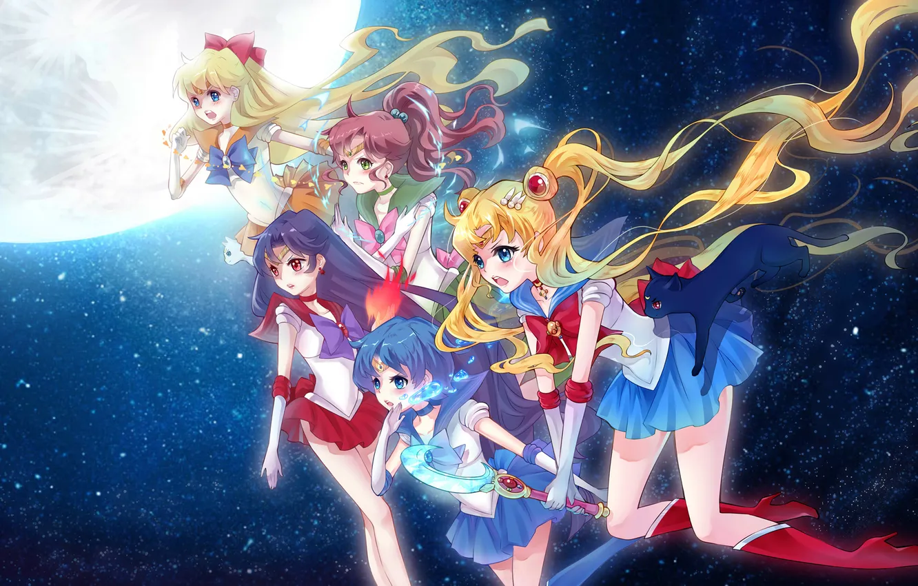 Фото обои звезды, девушки, луна, sailor mars, sailor moon, tsukino usagi, mizuno ami, sailor pluto