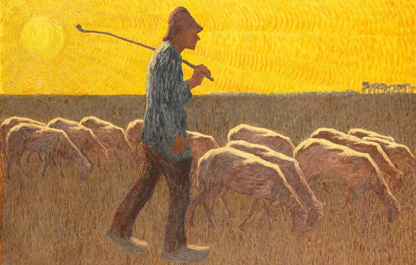Фото обои животные, масло, картина, холст, 1945, Cornelis Albert van Assendelft, Пастух с Овцами