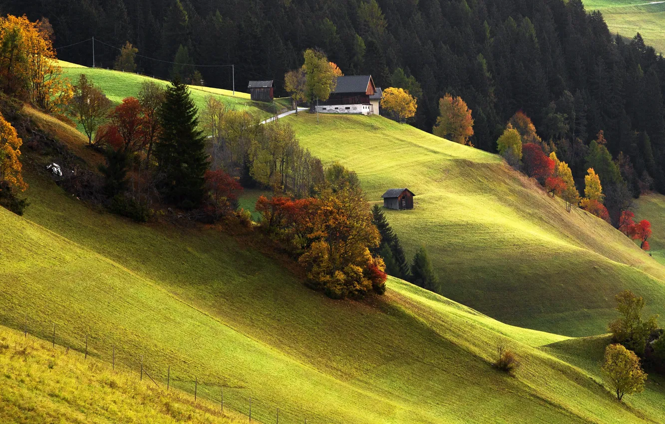 Фото обои осень, дом, склон, Италия, Доломитовые Альпы