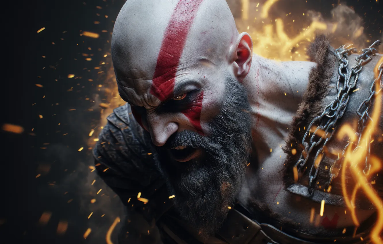 Фото обои fire, flame, god of war, weapon, kratos, sony, snow, blow