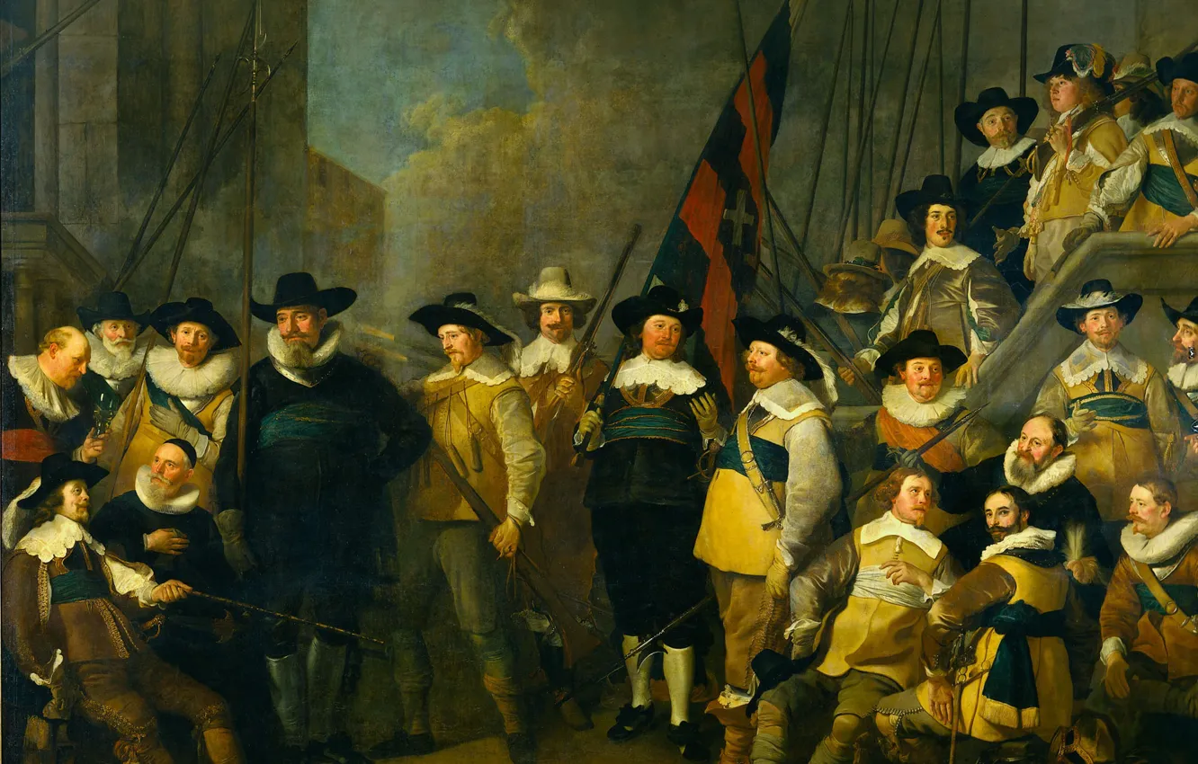 Фото обои масло, картина, Амстердам, холст, 1642, Jacob Adriaensz Backer, Солдаты и офицеры 'Compagnie Kloveniers' под коман