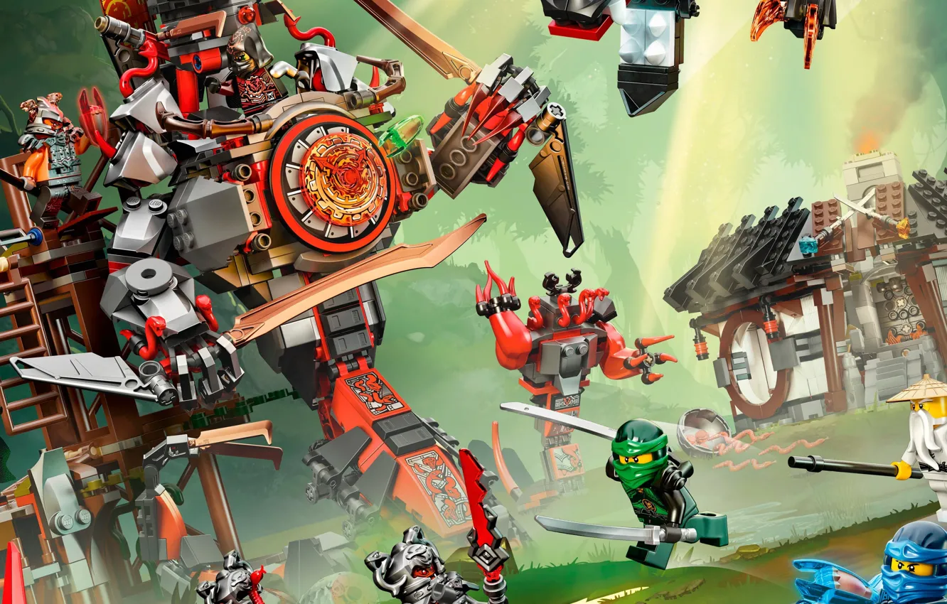Фото обои axe, robot, toy, mecha, weapon, fight, LEGO, ninja
