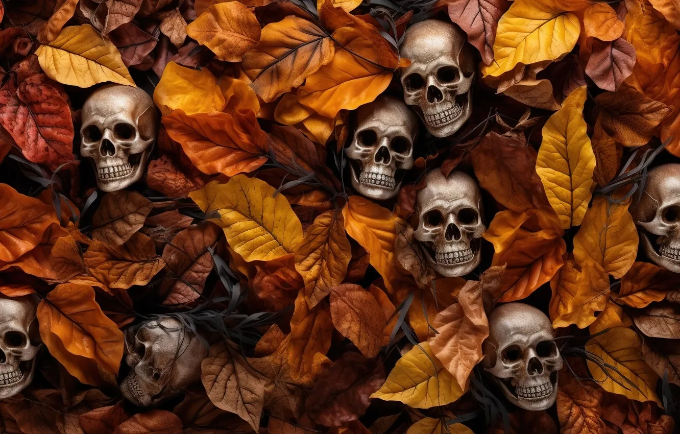 Фото обои осень, листья, фон, череп, colorful, skull, background, autumn