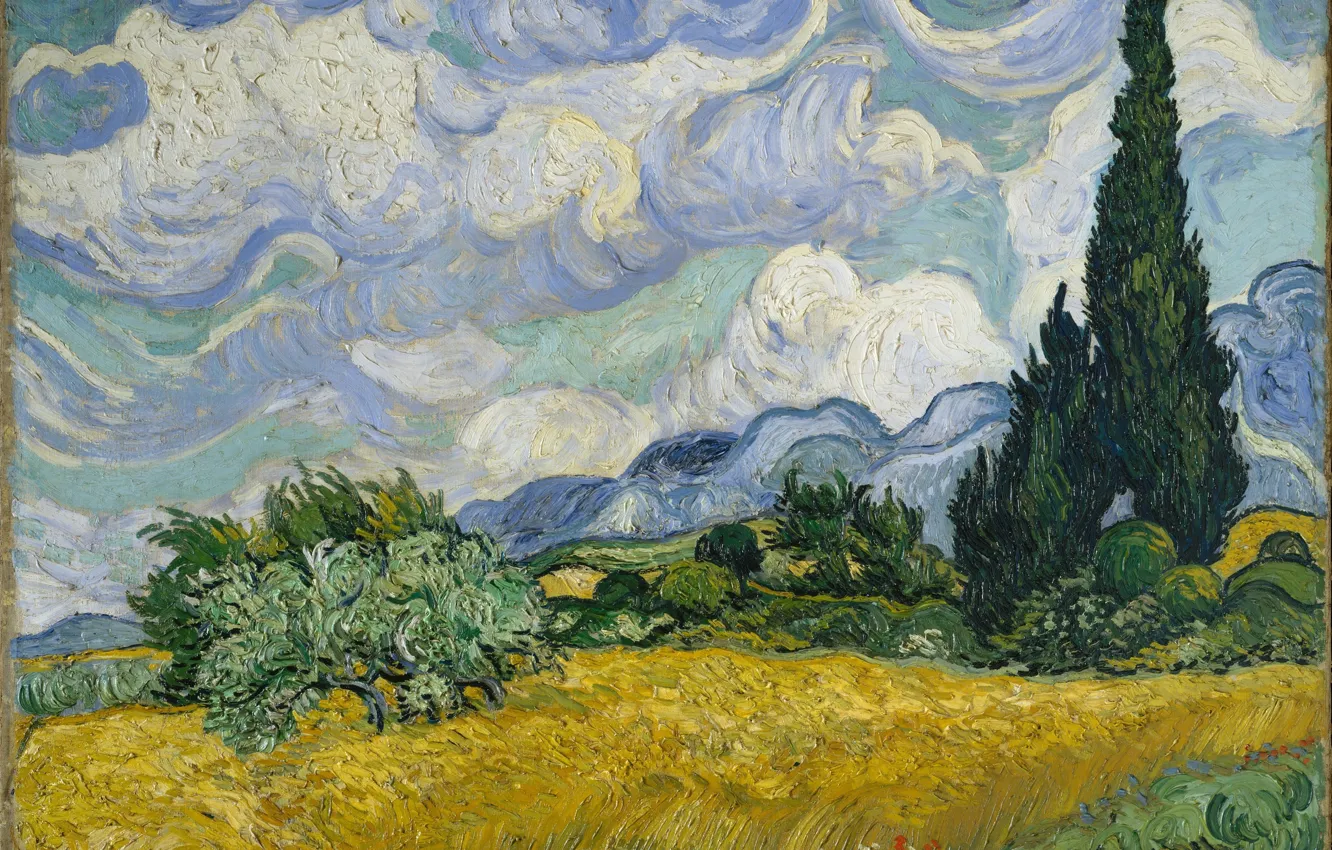 Фото обои картина маслом, Винсент Ван Гог, Vincent Van Gogh, Wheat Field with Cypresses, Пшеничное поле с …