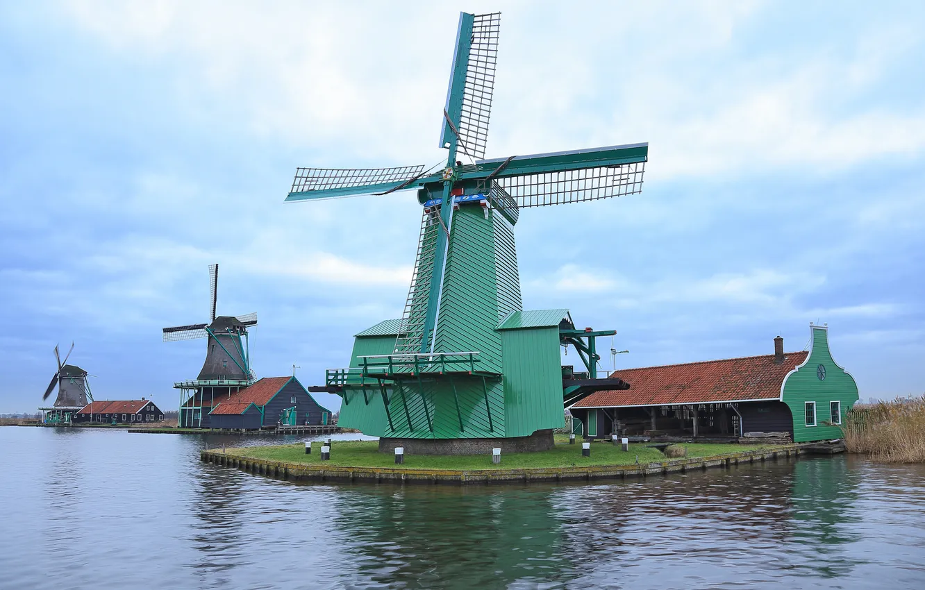 Фото обои вода, канал, Нидерланды, ветряная мельница